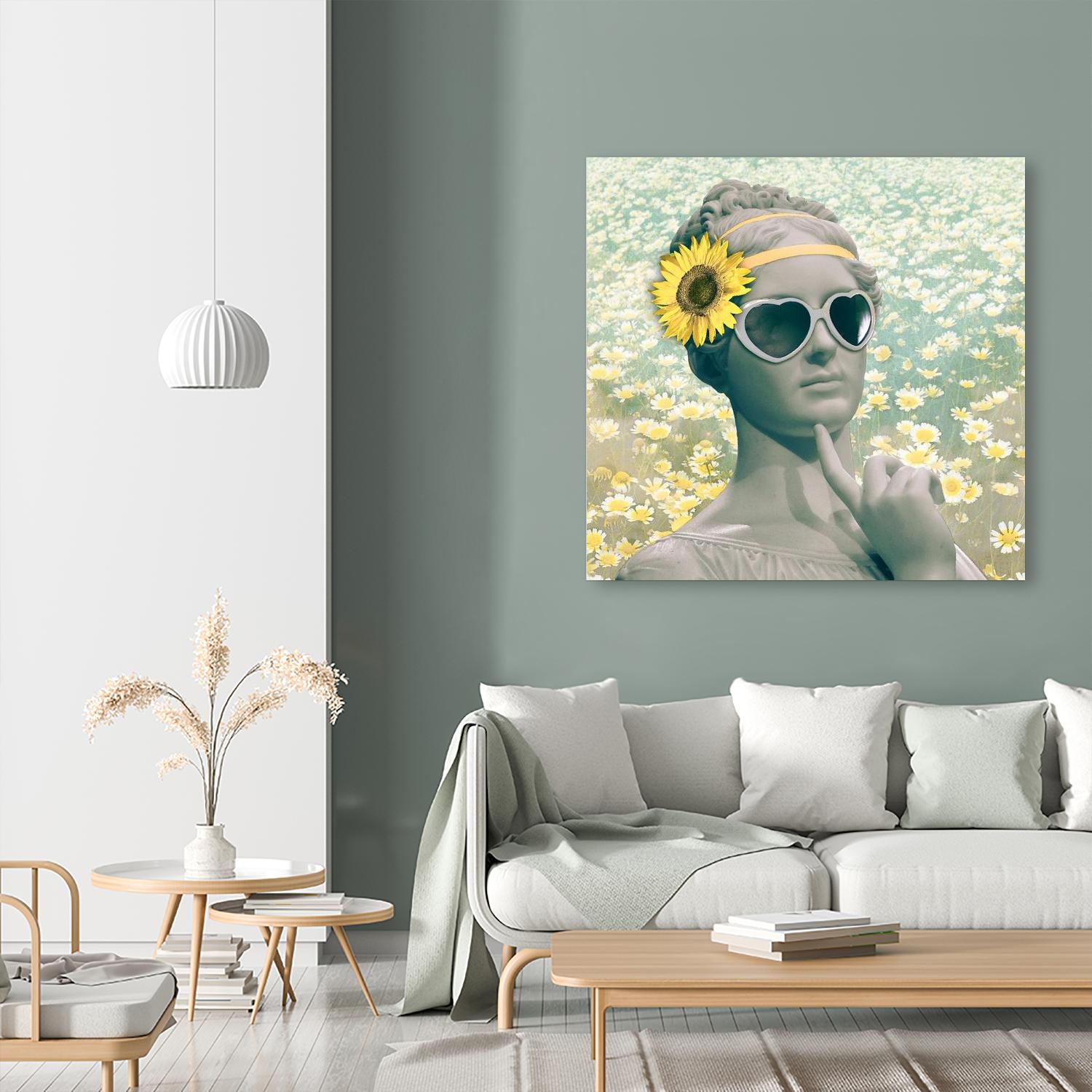 Hipster Statue with Sunflowers by THE Studio on GIANT ART - green flowers face