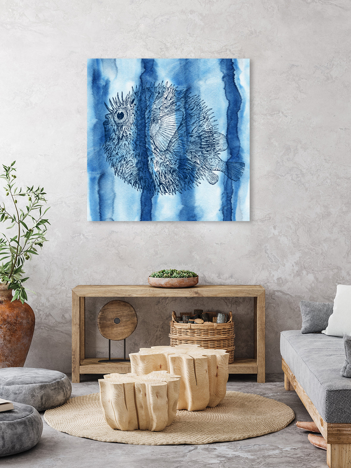 Puffer Fish Shibori by Thomas Fernez on GIANT ART - blue digital drawing