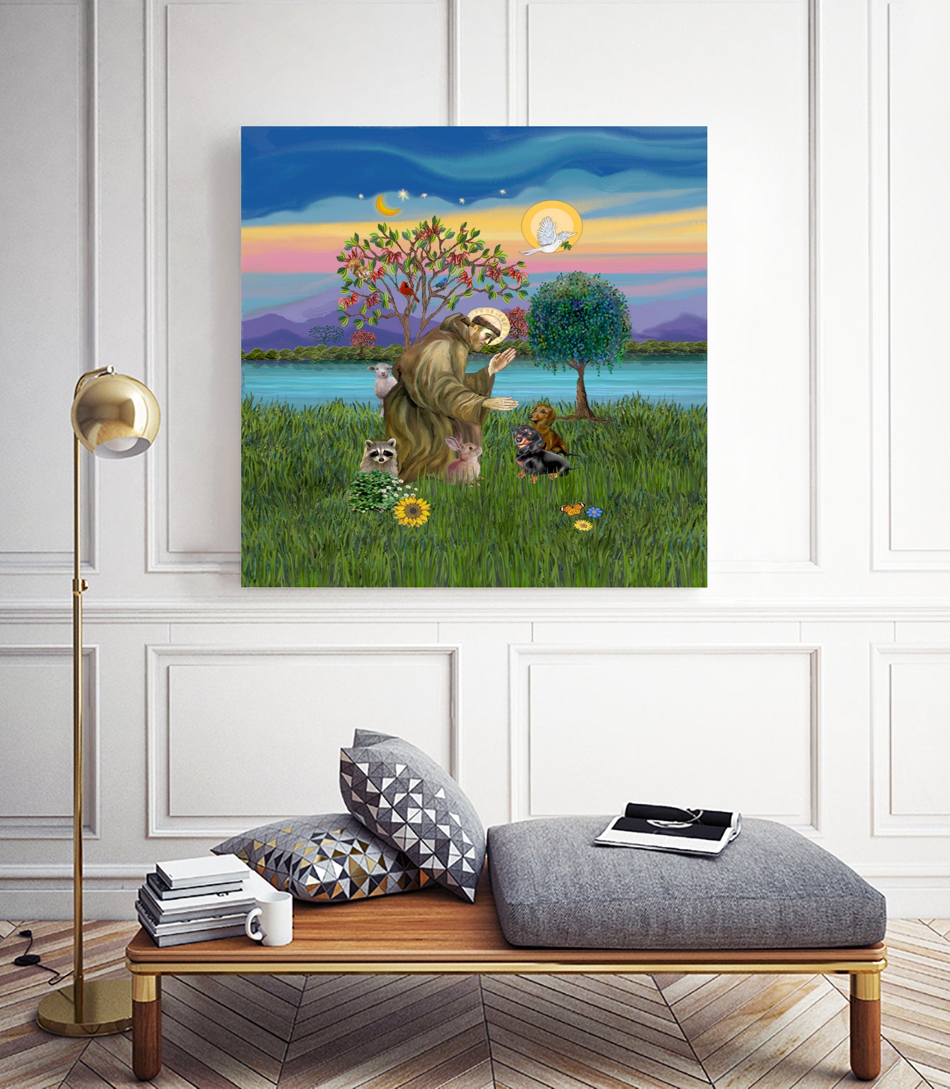 Saint Francis Blesses Two Dachshunds by Jean Fitzgerald on GIANT ART - blue digital painting