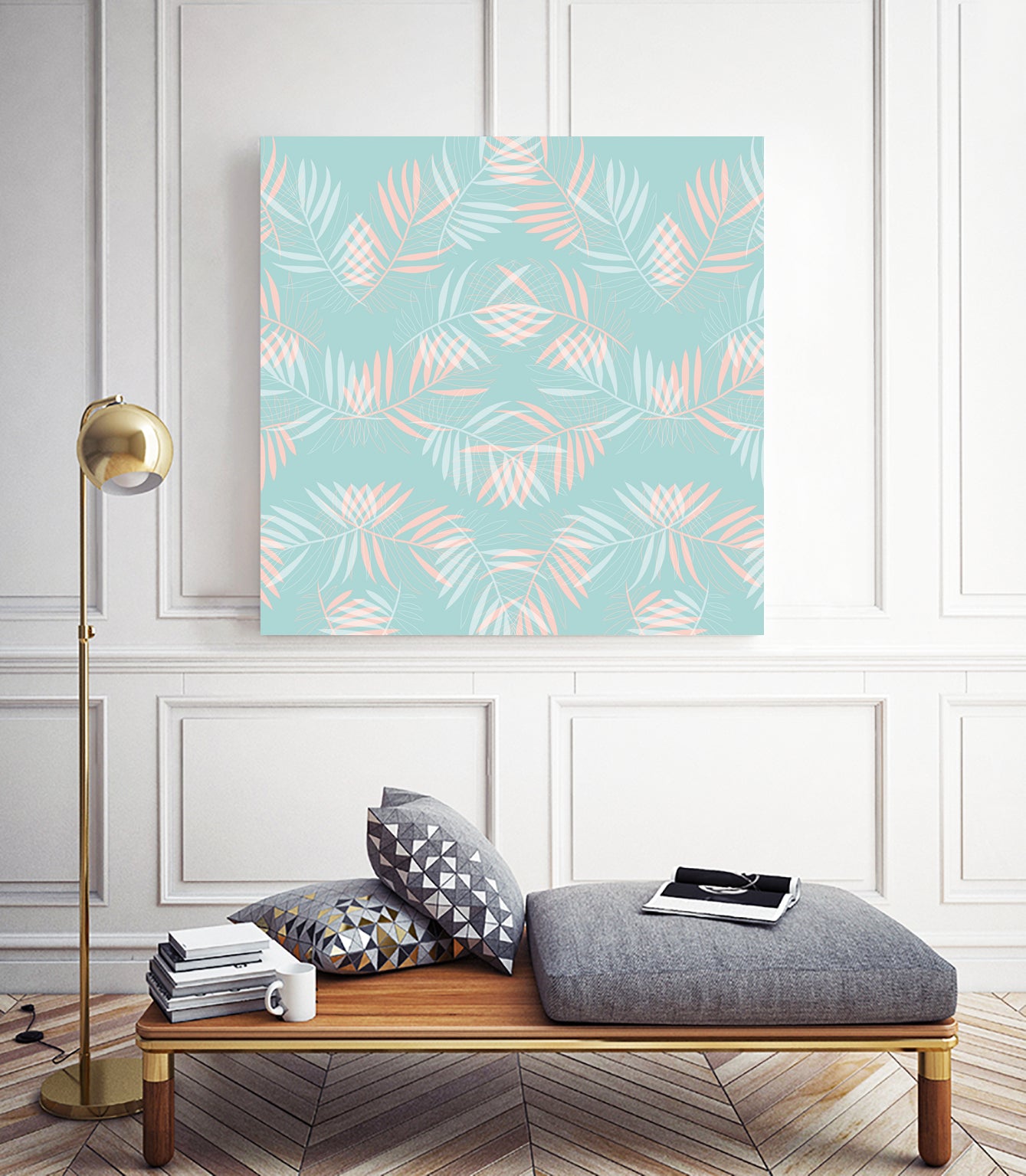 Palm Leaves Lace Pattern on Aqua by Dominique Van Roey on GIANT ART - green digital drawing