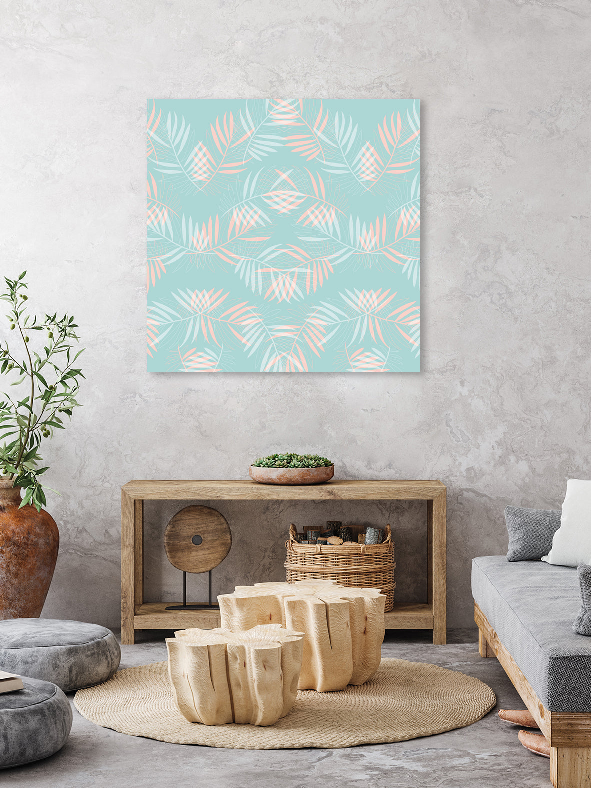 Palm Leaves Lace Pattern on Aqua by Dominique Van Roey on GIANT ART - green digital drawing