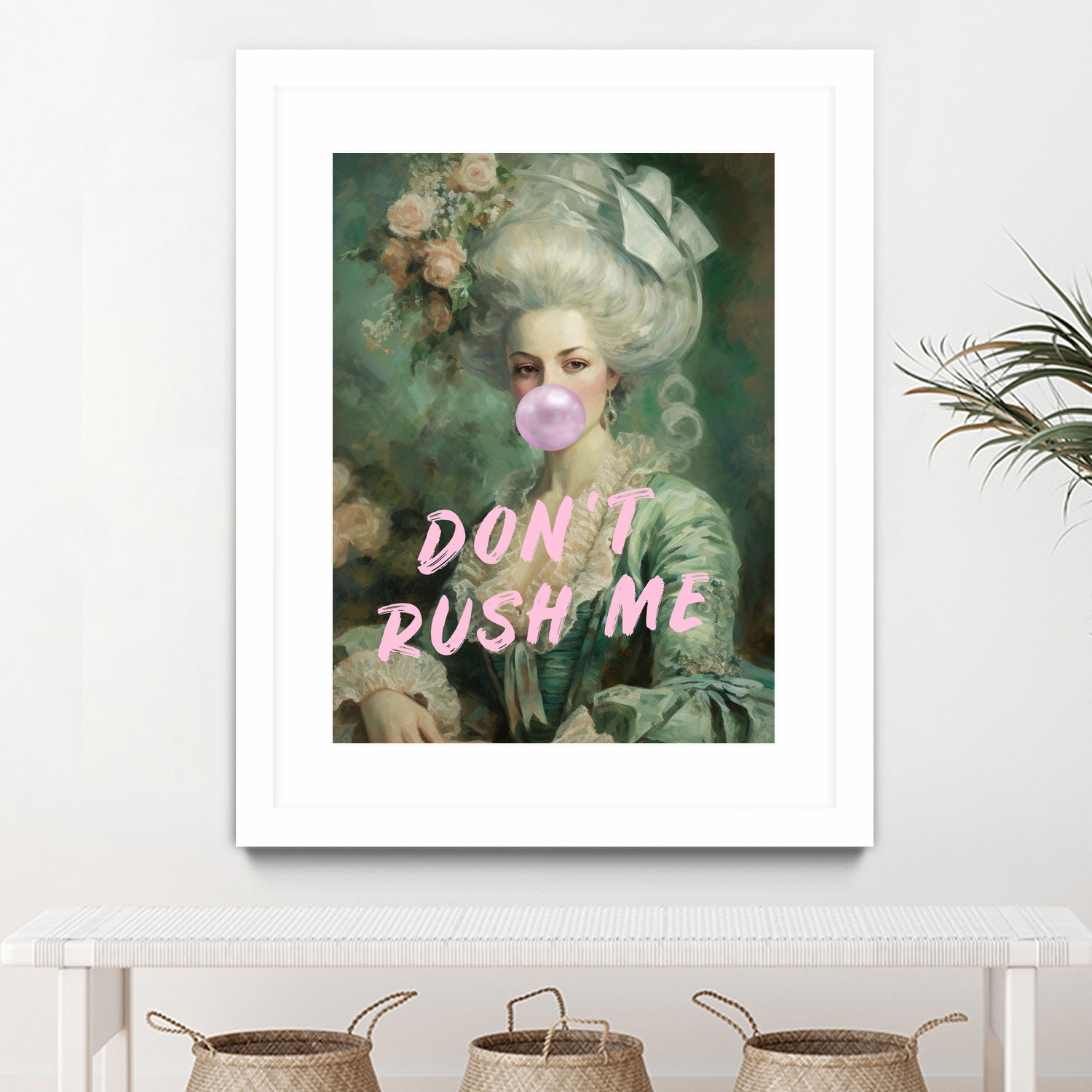 Marie Antoinette Dont Rush Me by Talitha McQueen on GIANT ART - pink contemporary  human face,flower,text,clothing,painting,doll,poster,person,fashion,flowers,flora,floral,botanical,flowers and plants,botanicals,word,words,painted,paint,painterly,people,portrait,figurative