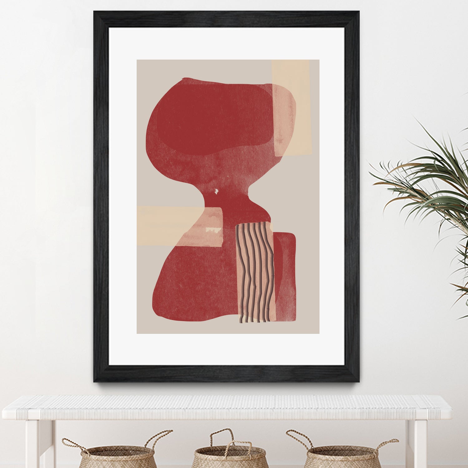 Crimson Harmony by THE MIUUS STUDIO  on GIANT ART - red shape  abstract, bold, white, grey, gray, calm, painting, print,  wallart,  wall art,  energetic, colourful, graphic print, illustration, soft, brush strokes, cute, prints, home decor, beige, black, drawing