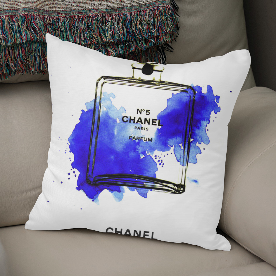 «Chanel Bottle Blue» Throw Pillow by Mercedes Lopez Charro | Curioos