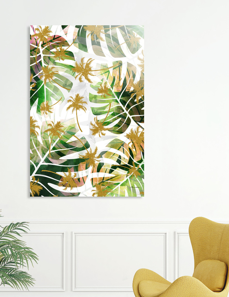 «Monstera and golden tropical palms» Aluminum Print by mmartabc | Curioos